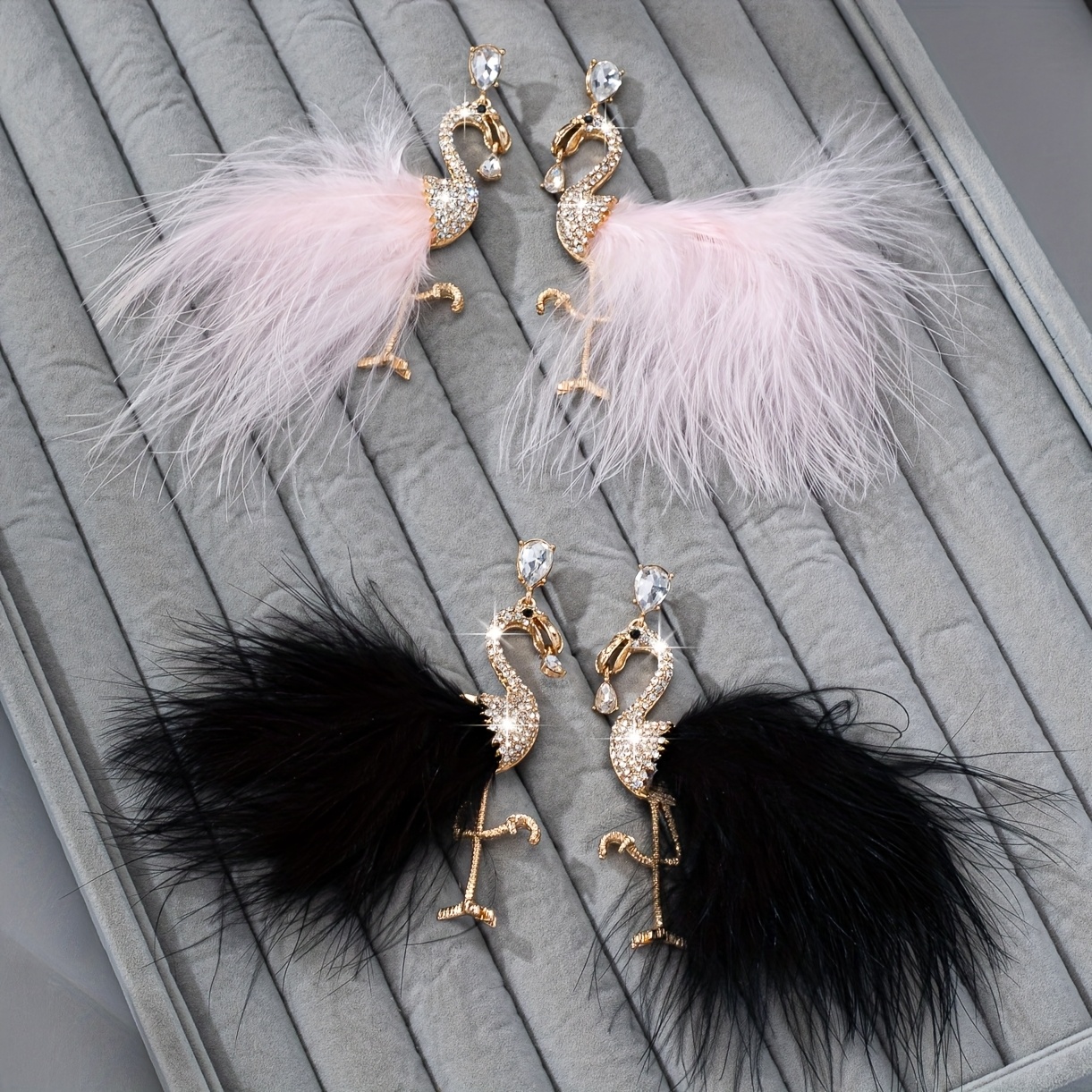 Flamingo Feather Earrings with Rhinestones